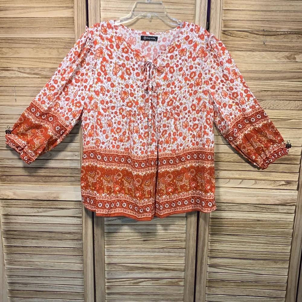 Kaywide Floral Tie V-Neck Loose Fit L/S Lace-up Boho Blouse Tops Shirt XL